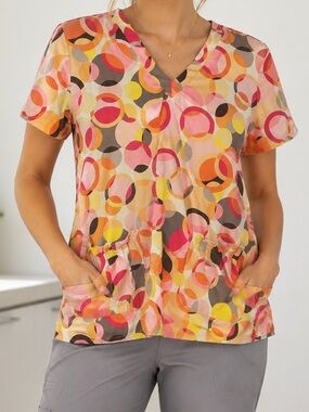 White Cross Pink Orange Yellow Circle-Print V-Neck Scrub Top